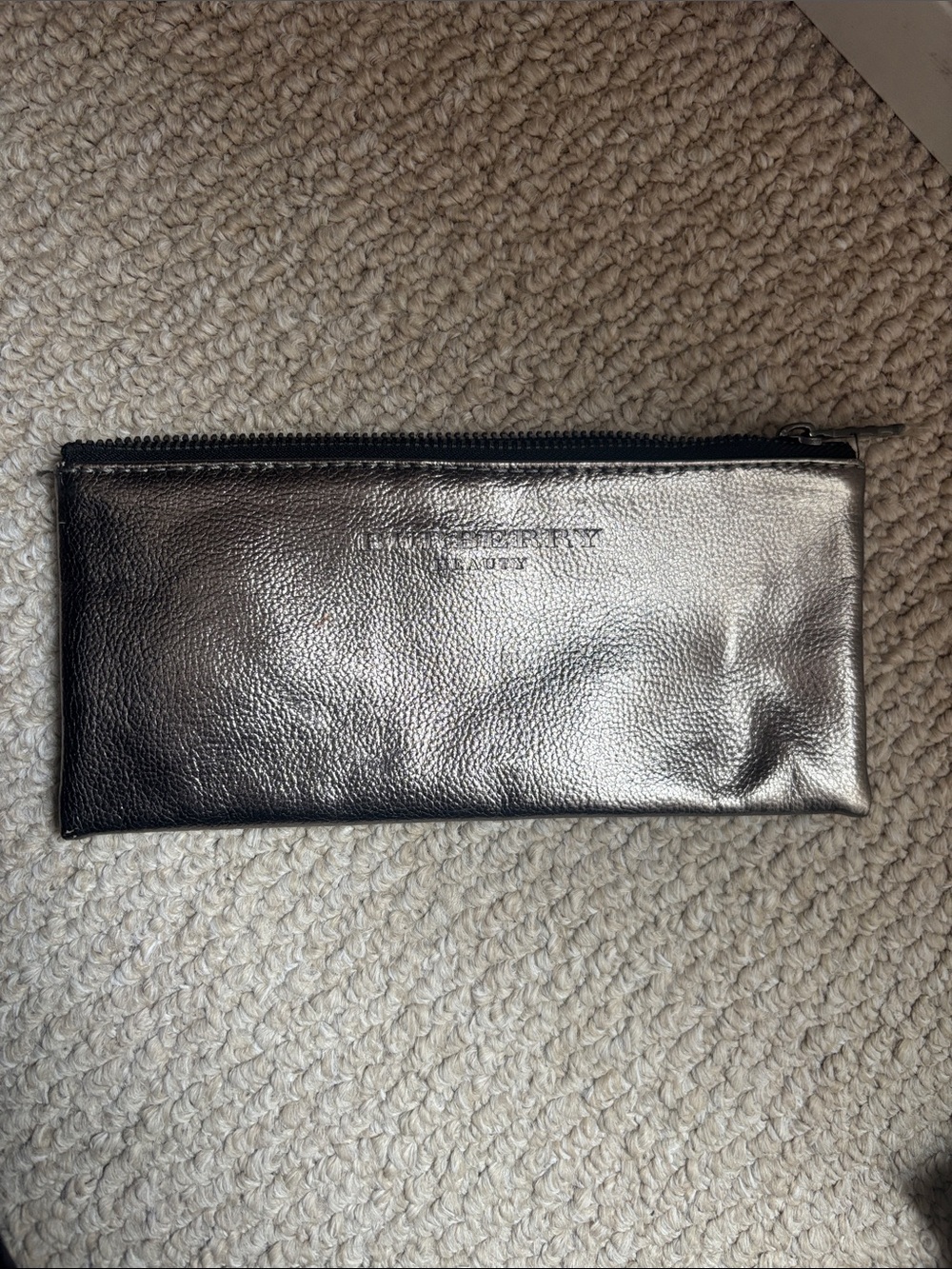 Burberry Metallic Silver Leather Zip Cosmetic Pouch